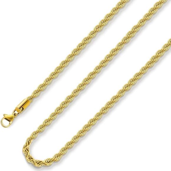 18k Real Gold Plated Rope Chain 5mm Stainless Steel Necklace for Men Women 18” - Picture 1 of 11